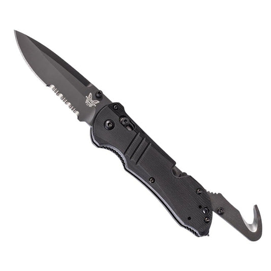 Benchmade 917SBK Tactical Triage folding knife with black G10 handle, serrated blade, and glass breaker tip