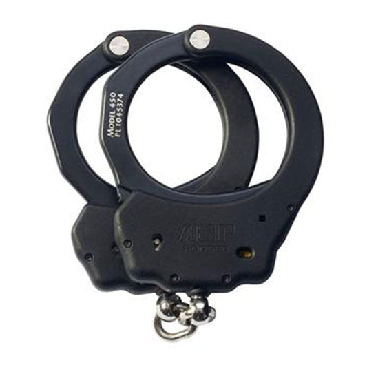 ASP Ultra Cuffs chain handcuffs with black aluminum frame and yellow tactical pawl configuration