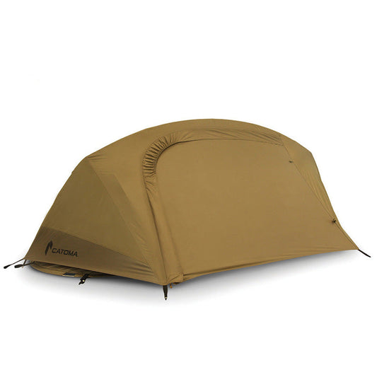 Catoma Wolverine Rainfly Kit in Coyote brown color showing dual vestibule design for Burrow shelter upgrade