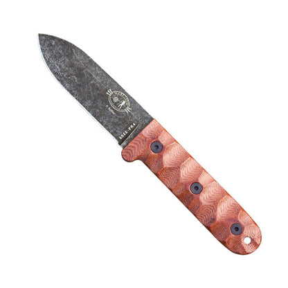 ESEE Camp-Lore PR4 fixed blade knife with black oxide finish, micarta handle, and leather pouch sheath