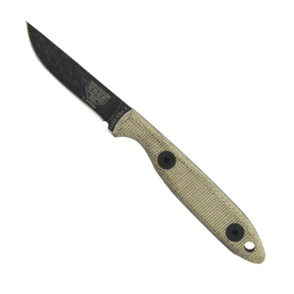 ESEE Camp-Lore CR2.5 fixed blade knife with black oxide finish and leather sheath on white background