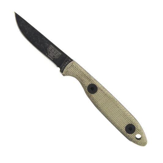 ESEE Camp-Lore CR2.5 fixed blade knife with black oxide finish and leather sheath on white background