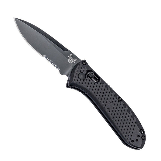 Benchmade Mini Presidio II automatic knife with black aluminum handle and partially serrated blade