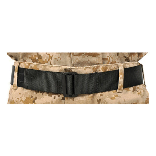 Black USMC martial arts belt with metal cargo buckle and hook-loop closure system for Marine Corps training
