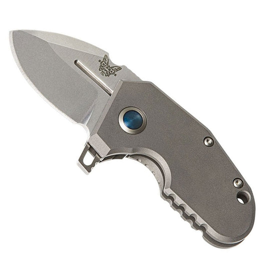 Benchmade 756 Micro Pocket Rocket folding knife with satin blade and titanium handle on white background