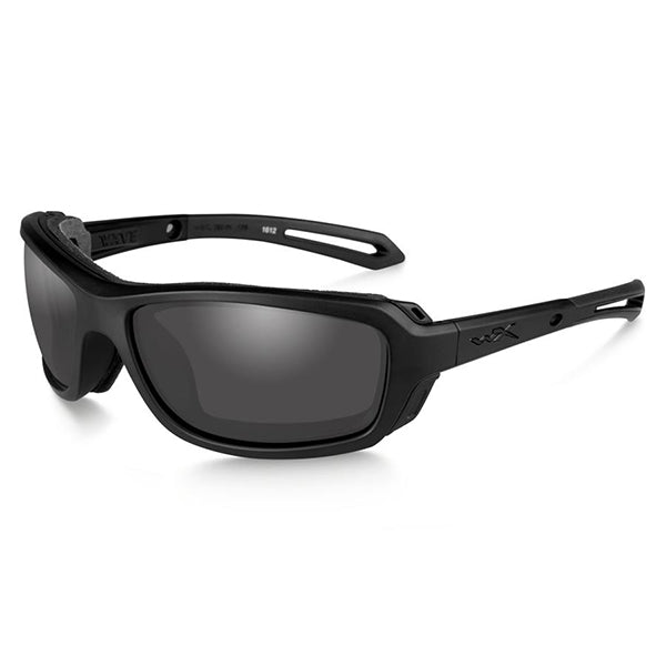 Wiley X Wave sunglasses with matte black frame and smoke grey ballistic lenses showing removeable facial cavity seal