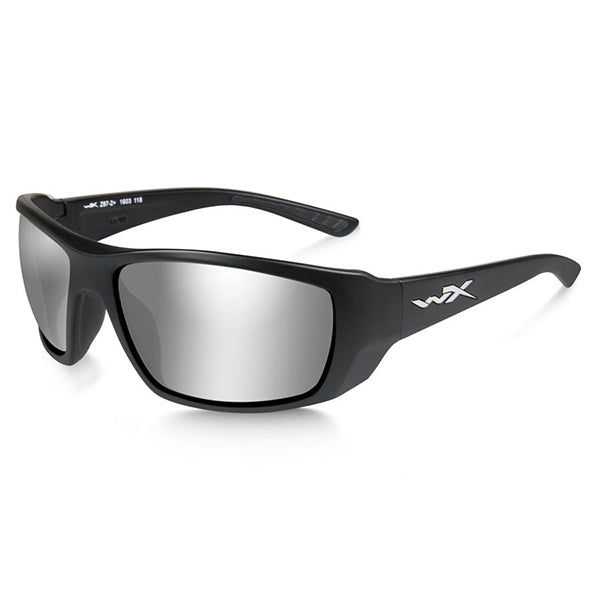 Wiley X Kobe ballistic sunglasses with matte black frame and silver flash mirror lenses