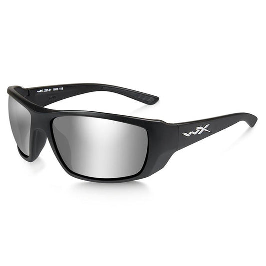 Wiley X Kobe ballistic sunglasses with matte black frame and silver flash mirror lenses