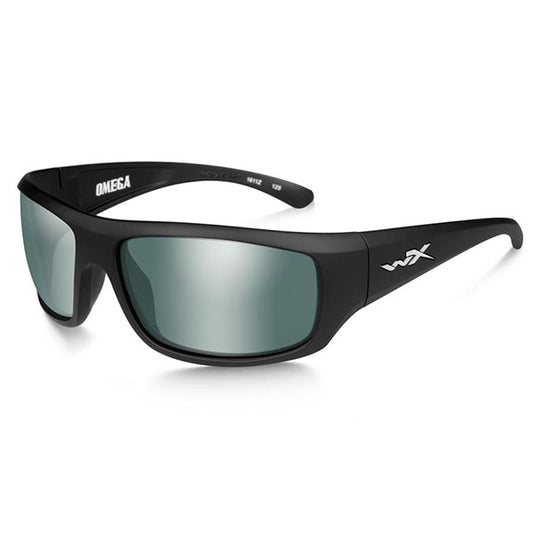 Wiley X Omega sunglasses with matte black frame and polarized green platinum flash lenses on white background