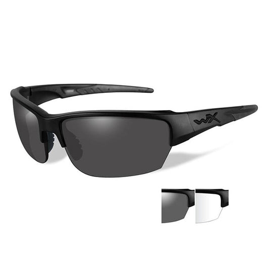 Wiley X Saint ballistic eyewear with matte black frame, smoke grey lens and clear lens on white background