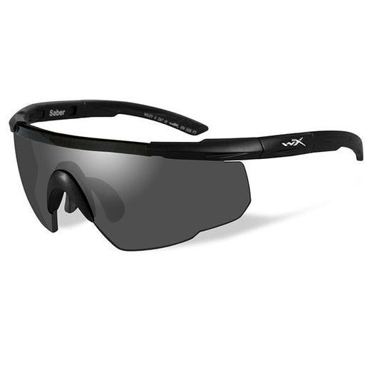 Wiley X Saber Advanced tactical sunglasses with matte black frame and smoke grey ballistic lenses