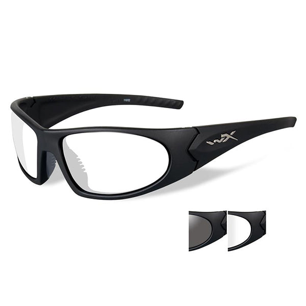 Wiley X Romer 3 ballistic safety glasses with matte black frame and interchangeable smoke grey and clear lenses