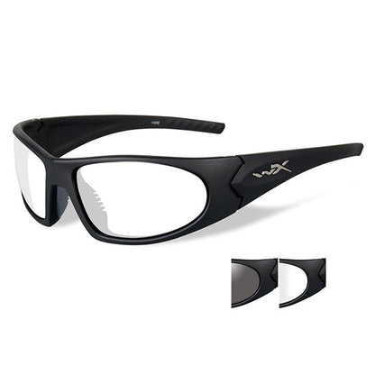 Wiley X Romer 3 ballistic safety glasses with matte black frame and interchangeable smoke grey and clear lenses