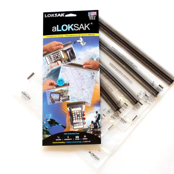 ALOKSAK clear waterproof storage bags in four different sizes laid out showing 4x7, 6x6, 9x6, and 12x12 inch dimensions