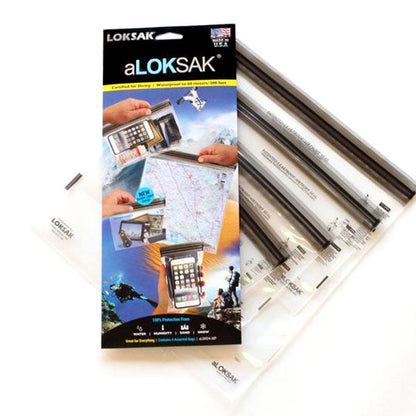 ALOKSAK clear waterproof storage bags in four different sizes laid out showing 4x7, 6x6, 9x6, and 12x12 inch dimensions