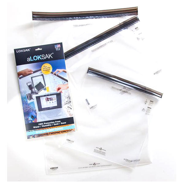 ALOKSAK Large Multi Pack showing three clear waterproof storage bags in different sizes for gear protection