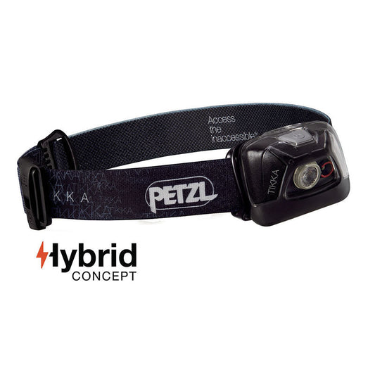 Petzl TIKKA headlamp in black with adjustable head strap and single control button