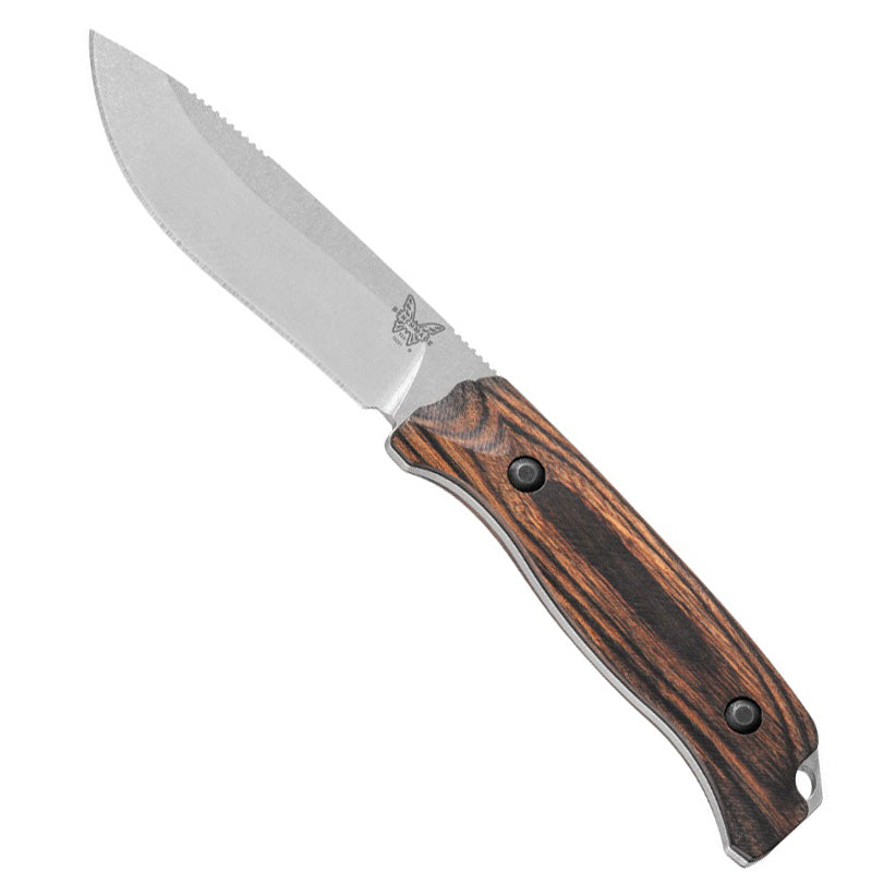 Benchmade Saddle Mountain Skinner fixed blade knife with satin finish, stabilized wood handle, and leather sheath