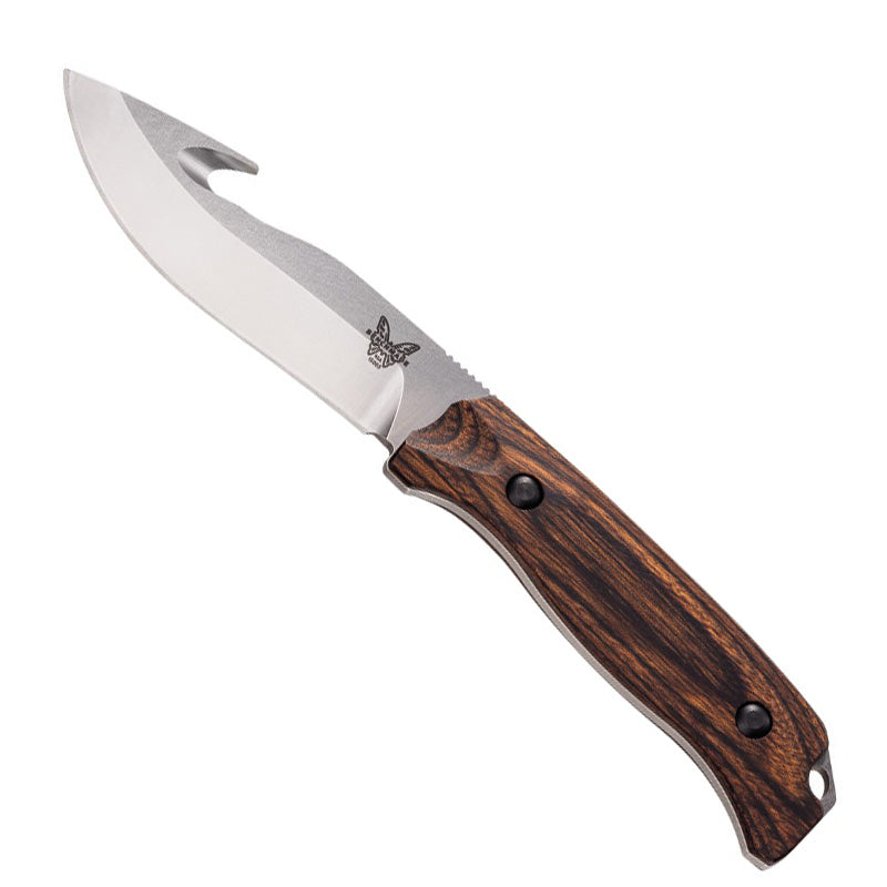 Benchmade 15003-2 Saddle Mountain Skinner fixed blade knife with drop-point blade, skinning hook, and stabilized wood handle