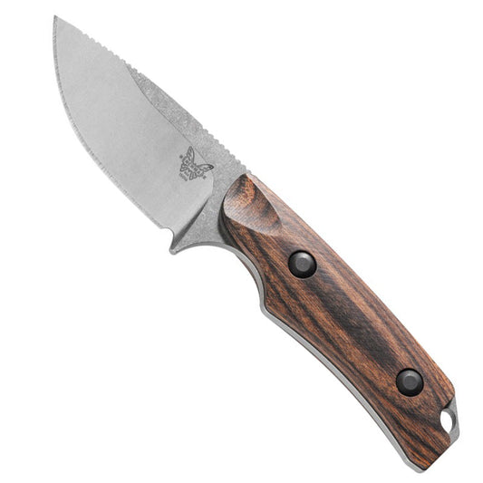Benchmade Hidden Canyon Hunter fixed blade knife with satin finish drop-point blade and stabilized wood handle
