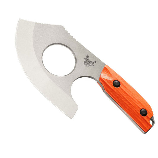 Benchmade 15100-1 Nestucca Cleaver with curved blade, orange G10 handle, and finger hole, shown with leather sheath