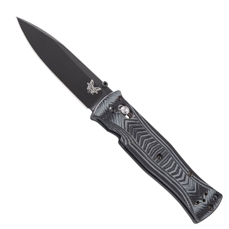 Benchmade 531BK Pardue folding knife with black coated drop point blade and gray textured G10 handle scales
