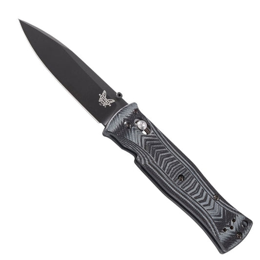 Benchmade 531BK Pardue folding knife with black coated drop point blade and gray textured G10 handle scales