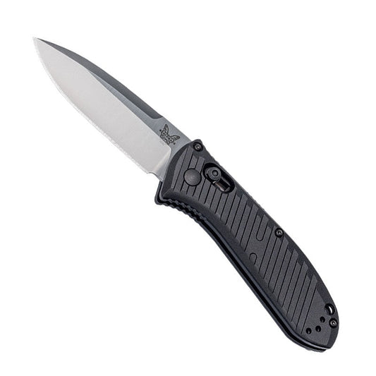 Benchmade 5750 Mini Presidio II automatic knife with black aluminum handle and satin finish drop-point blade
