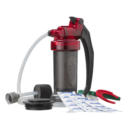 MSR MiniWorks EX water purifier system with ceramic filter and Aquatabs purification tablets for backcountry use