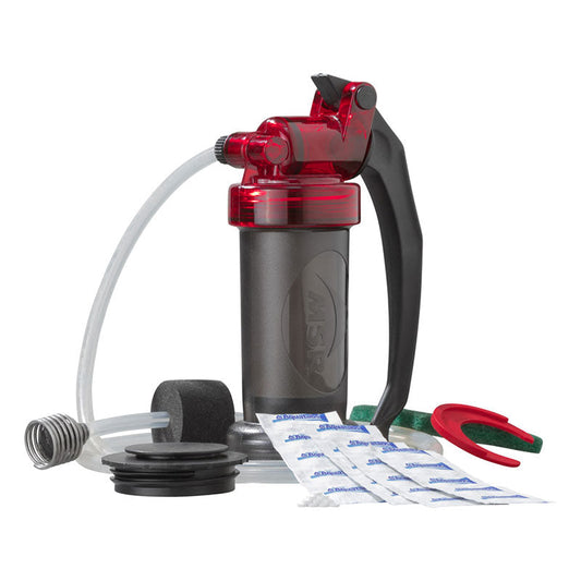MSR MiniWorks EX water purifier system with ceramic filter and Aquatabs purification tablets for backcountry use
