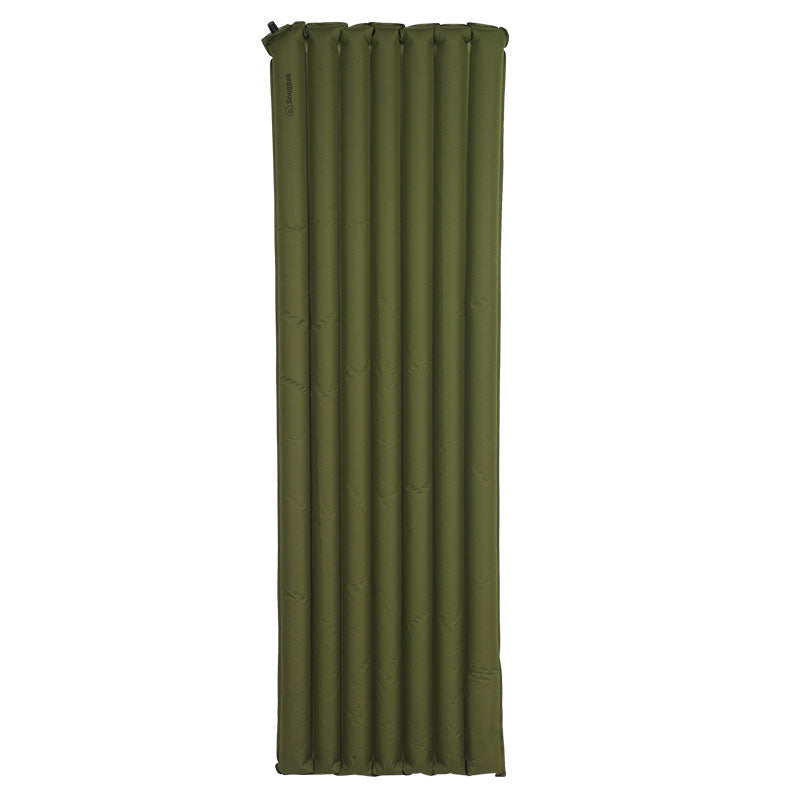Snugpak BaseCamp Ops Air Mat with built-in foot pump in olive color showing inflated sleeping pad