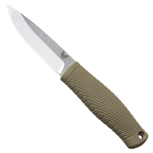 Benchmade 200 Puukko fixed blade knife with drop-point blade, Santoprene handle, and leather sheath