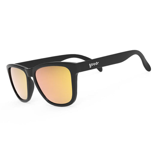 goodr OG's Whiskey Shots with Satan sunglasses with amber polarized lenses and black frame