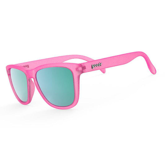 Goodr OG's Flamingos on a Booze Cruise polarized sunglasses with pink and teal design for running and outdoor activities
