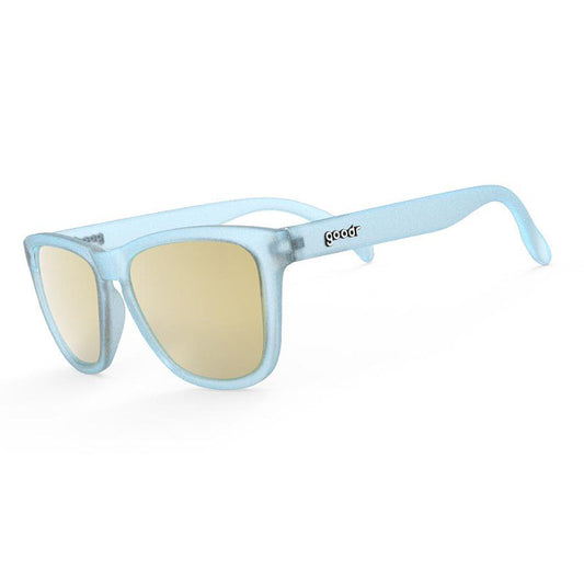 Goodr OG's Sunbathing with Wizards sunglasses with blue frames and gold polarized lenses