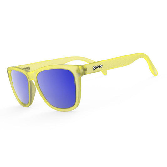 Goodr OG's Swedish Meatball Hangover sunglasses with yellow frames and blue polarized lenses
