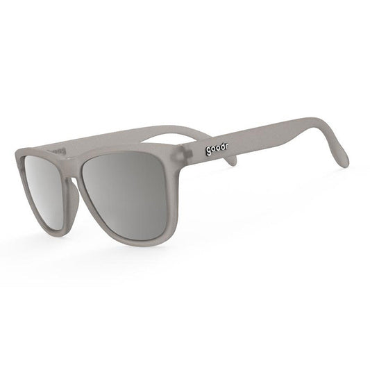 goodr OG's Going to Valhalla Witness sunglasses with gray and chrome frame and polarized lenses