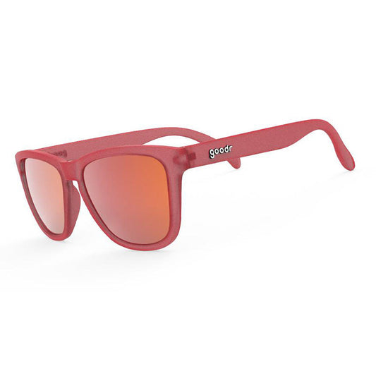 Goodr OG's Phoenix at a Bloody Mary Bar red frame sunglasses with rose-tinted polarized lenses