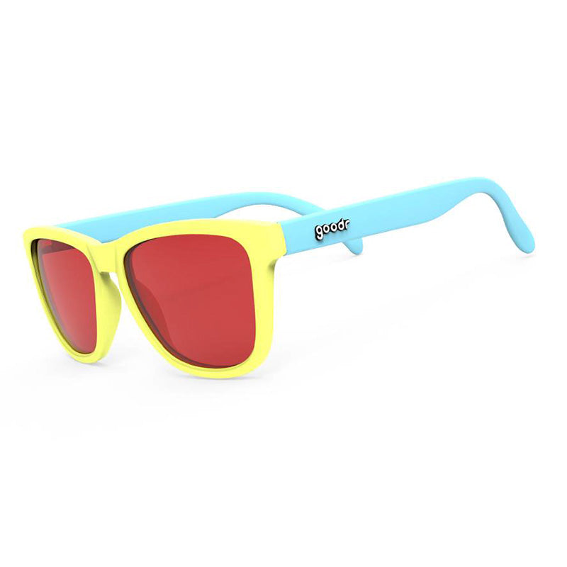 goodr OG's Pineapple Pain Killers sunglasses in tropical blue and yellow colorway with polarized lenses