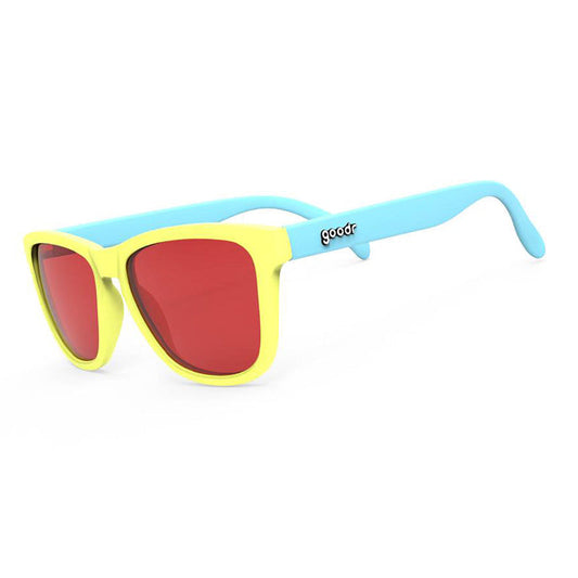 goodr OG's Pineapple Pain Killers sunglasses in tropical blue and yellow colorway with polarized lenses