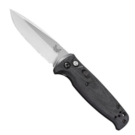 Benchmade 4300 CLA Auto automatic knife with satin blade and black G10 handle scales
