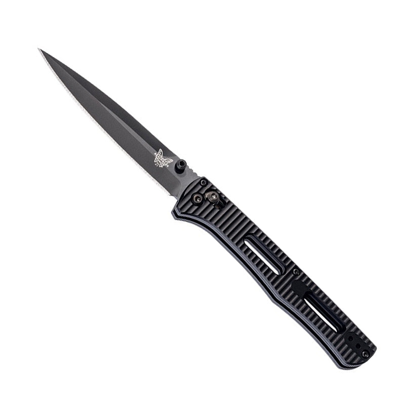 Benchmade 417BK FACT folding knife with black coated spear-point blade and black aluminum handle