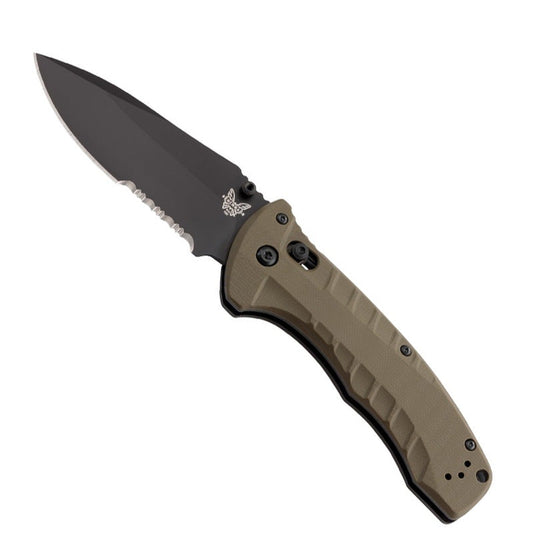 Benchmade 980SBK Turret folding knife with olive drab G10 handle and satin finished CPM-S30V blade