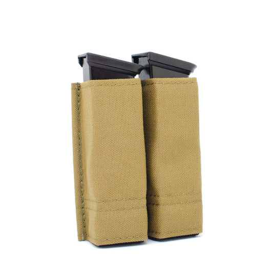 Esstac Double Pistol Mid KYWI Pouch in coyote brown showing dual magazine pouches with spaced design for extended baseplates