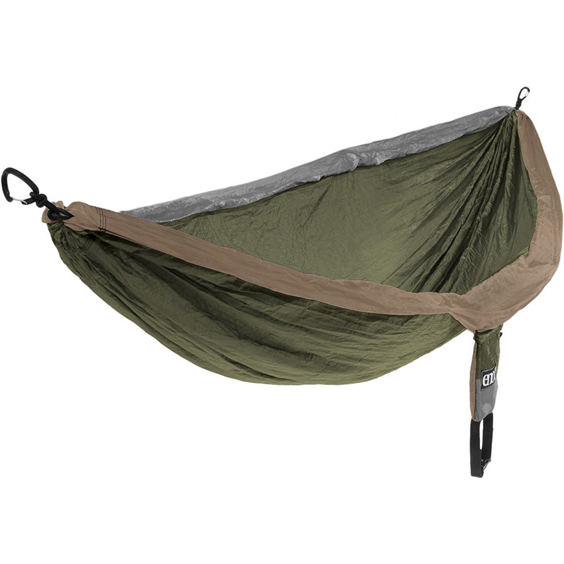 ENO DoubleNest two-person hammock in khaki, grey and olive colorway with compression sack