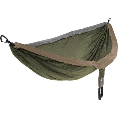 ENO DoubleNest two-person hammock in khaki, grey and olive colorway with compression sack