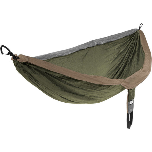 ENO DoubleNest two-person hammock in khaki, grey and olive colorway with compression sack