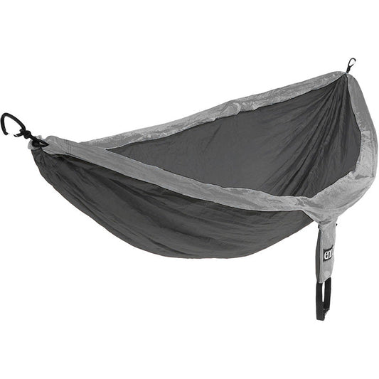 ENO DoubleNest grey and charcoal two-person nylon hammock with compression sack and carabiners