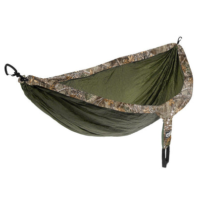 ENO DoubleNest hammock in Realtree Edge olive camo pattern with compression sack and carabiners