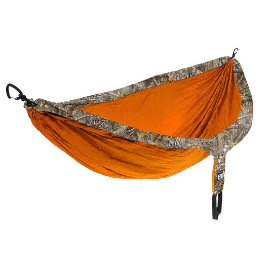 ENO DoubleNest hammock in Realtree Edge orange camo pattern with compression sack and carabiners